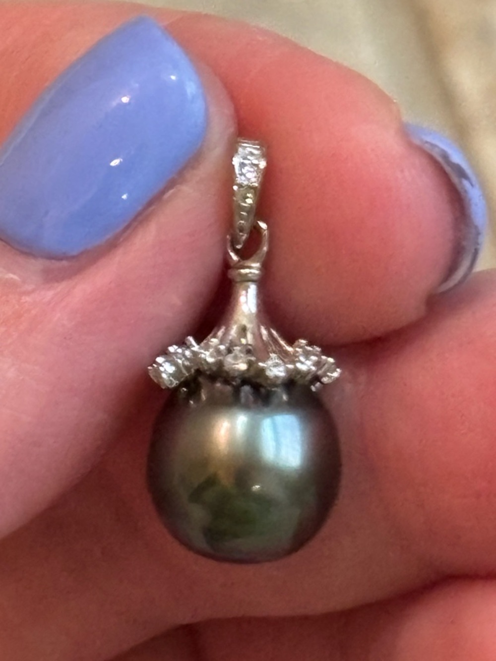 Sterling Silver Tahitian Black Pearl Pendant with CZ Accents